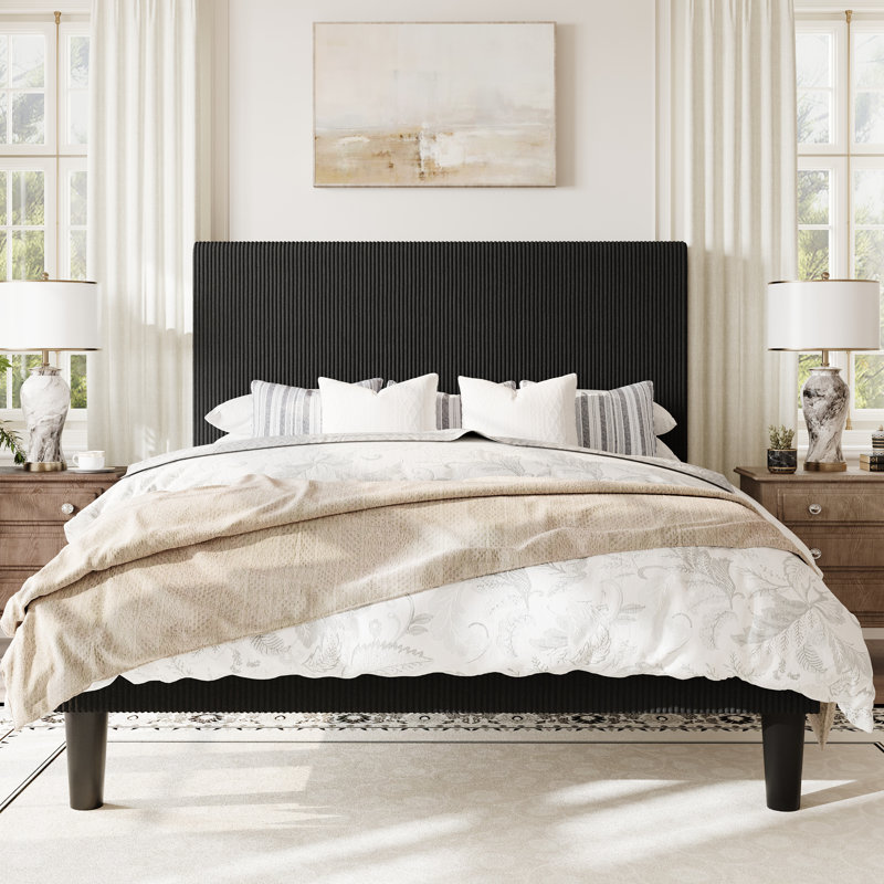 Modern Corduroy Platform Bed With Adjustable Headboard,Maximize Space With Under-Bed Storage,No Box Spring Required, Black