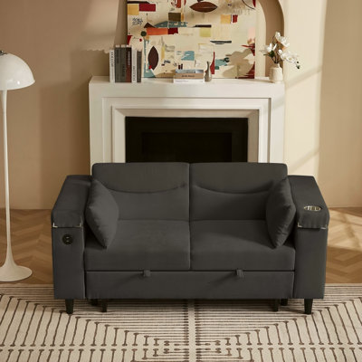 Canapé en chenille gris foncé avec table d'appoint et port USB, convertible en lit pour plus de confort et de commodité