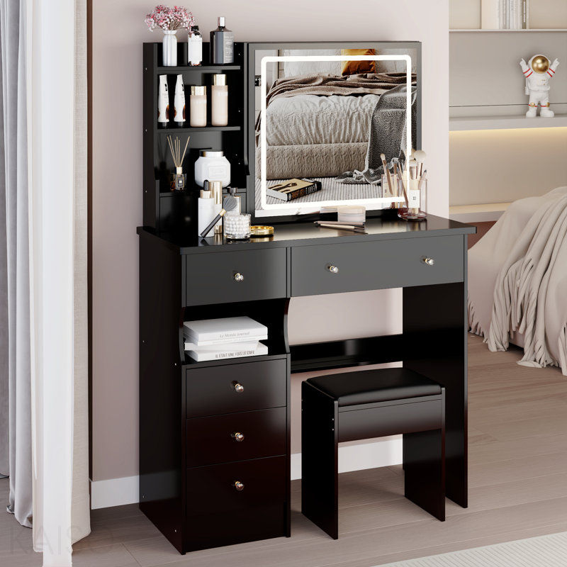 37" Left Drawer Desktop Vanity Table + Cushioned Stool, 2 Ac+2 Usb Socket, Hair Dryer Stand, Large Touch Control Led Sliding Mirror, 3-Color Switch Makeup Dressing Set