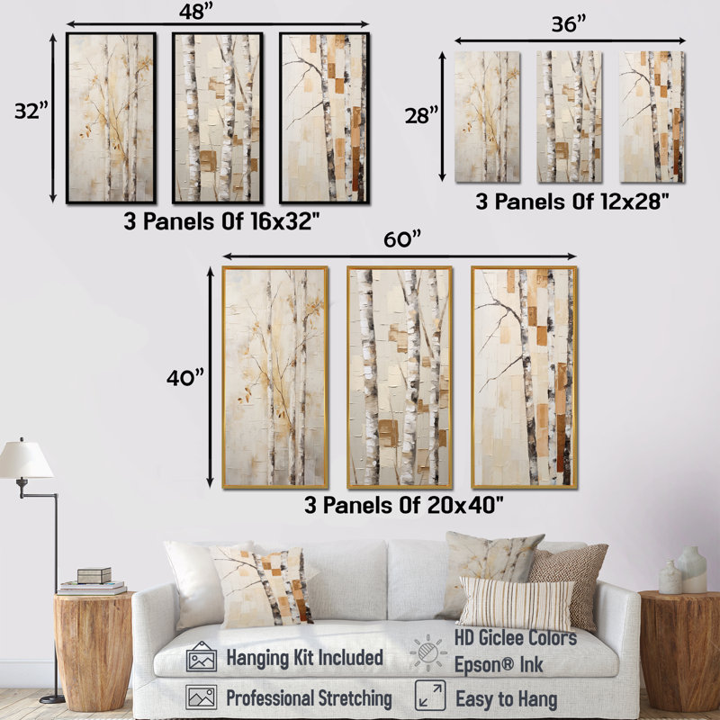 Beige minimalisme arbre bouleau - arbre bouleau, ensemble de 3 reproductions d'art sur toile, Cadre flottant blanc