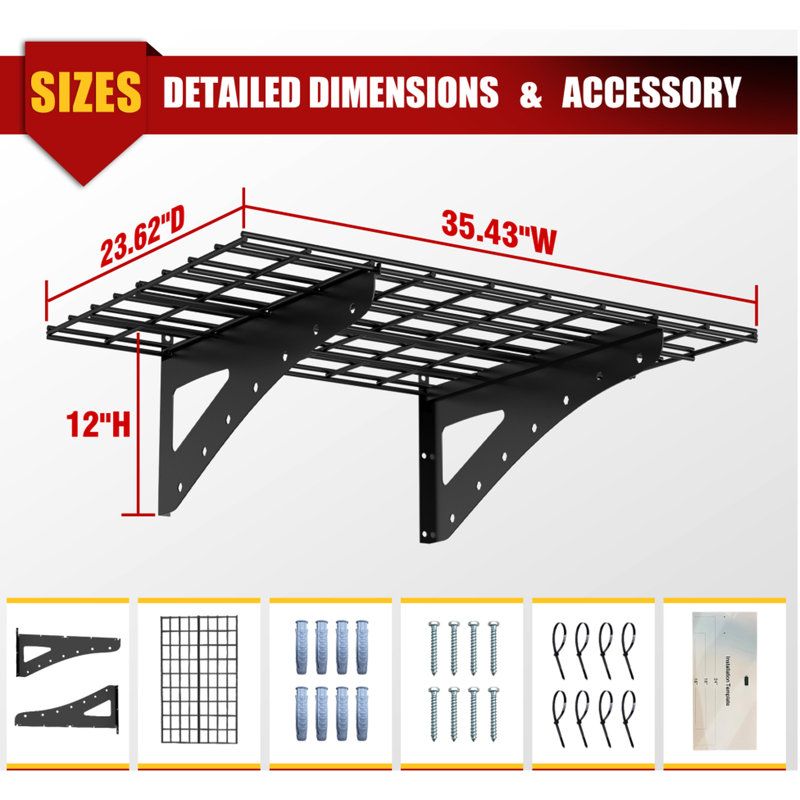 Tablette murale robuste pour le garage, 23,6 x 35,4 po Black, H 12 po x l 35,43 po x P 23,62 po