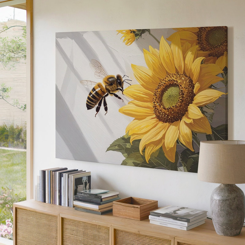 Art mural, tournesol et abeille, été, H 9 po x l 12 po