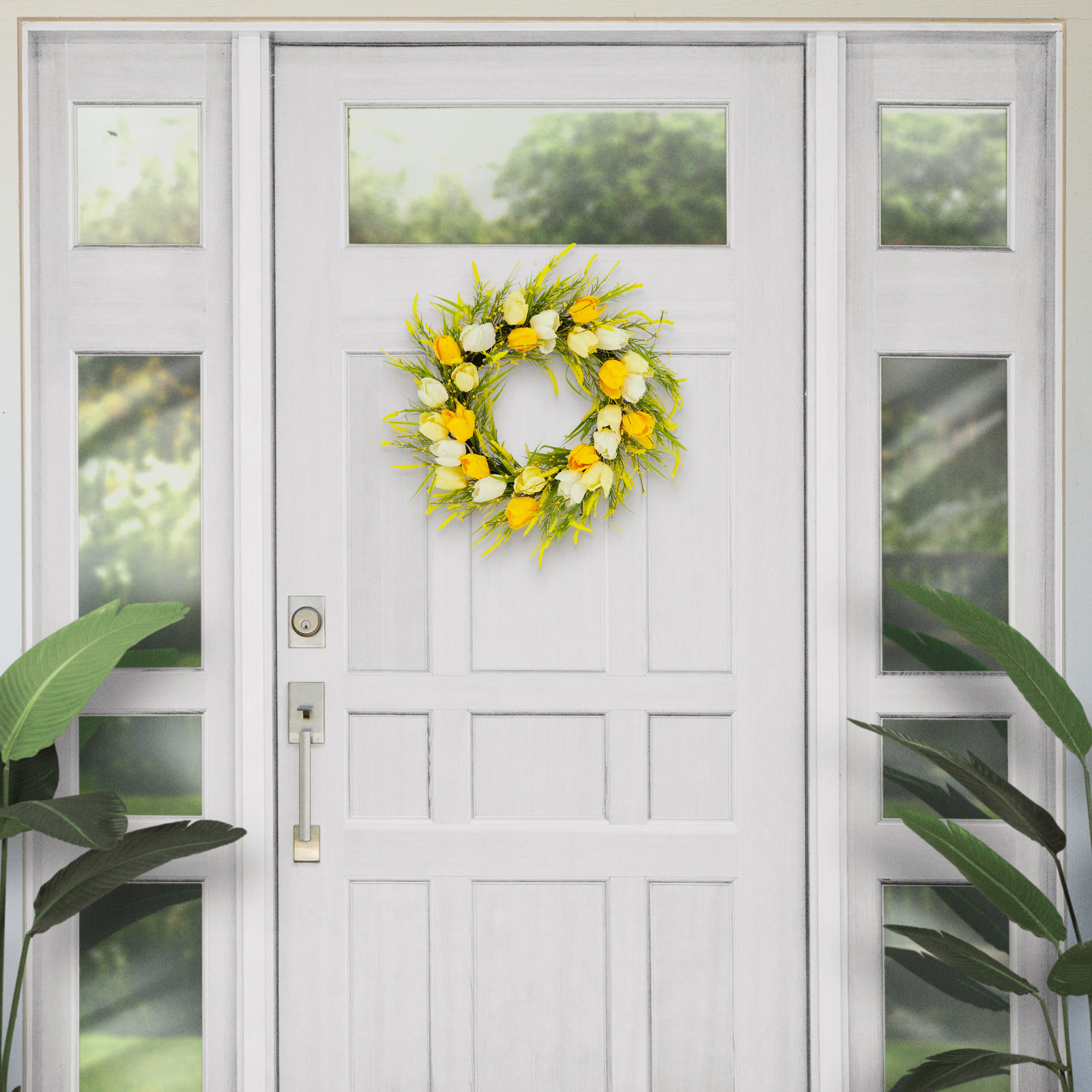 24" Artificial Tulip Floral Spring Door Wreath, Green/Yellow