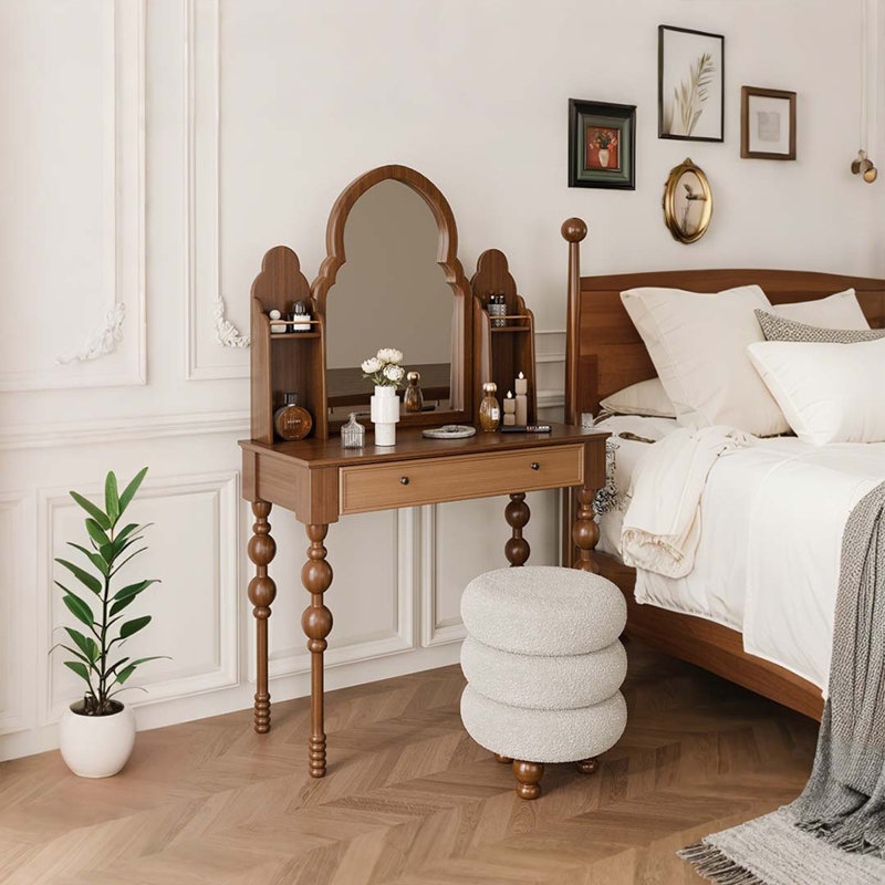 Coiffeuse vintage en bois massif avec grand miroir de maquillage