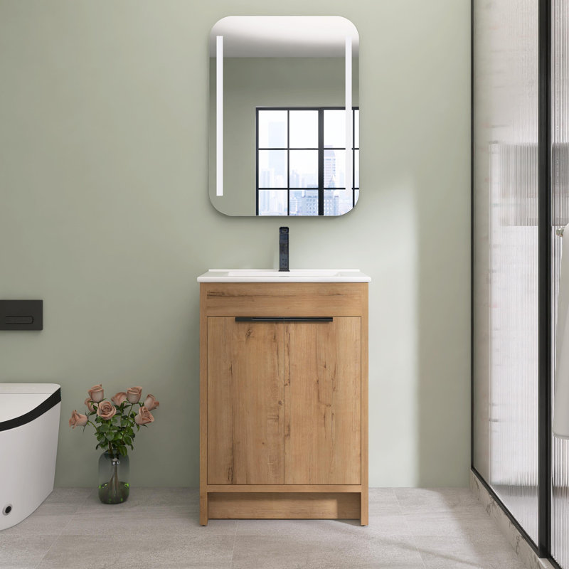 Meuble-lavabo autoportant 24 po avec lavabo en céramique blanche et 2 portes d'armoire à fermeture en douceur, Imitation