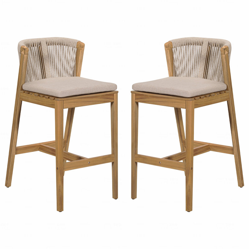 Set Of 2 Outdoor Patio Barstool, Teak Finished Wood With Beige Cushion