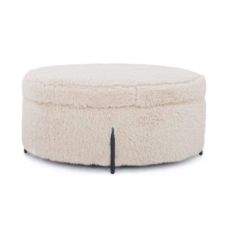 Cori 39" Wide Round Storage Ottoman, White Faux Fur