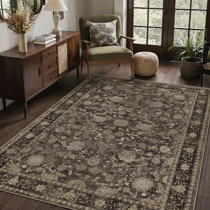 Tapis oriental brun rétro Patty avec envers antidérapant, Brown, 0.35", Rectangle 5 pi x 7 pi