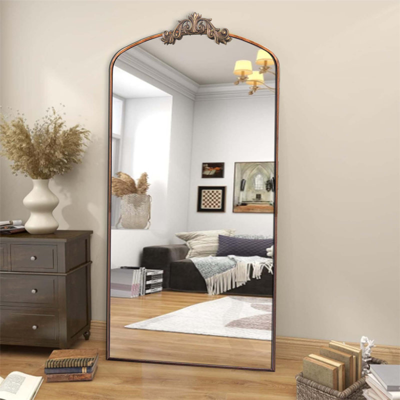 Vintage Ornate Arched Full Length Floor Mirror, Metal Framed, Ideal For Entryway, Living Room, And Bedroom Decor