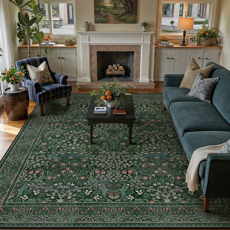 Machine Washable Floral Area Rug With Non-Slip Backing, Rectangle 8' x 10', Green
