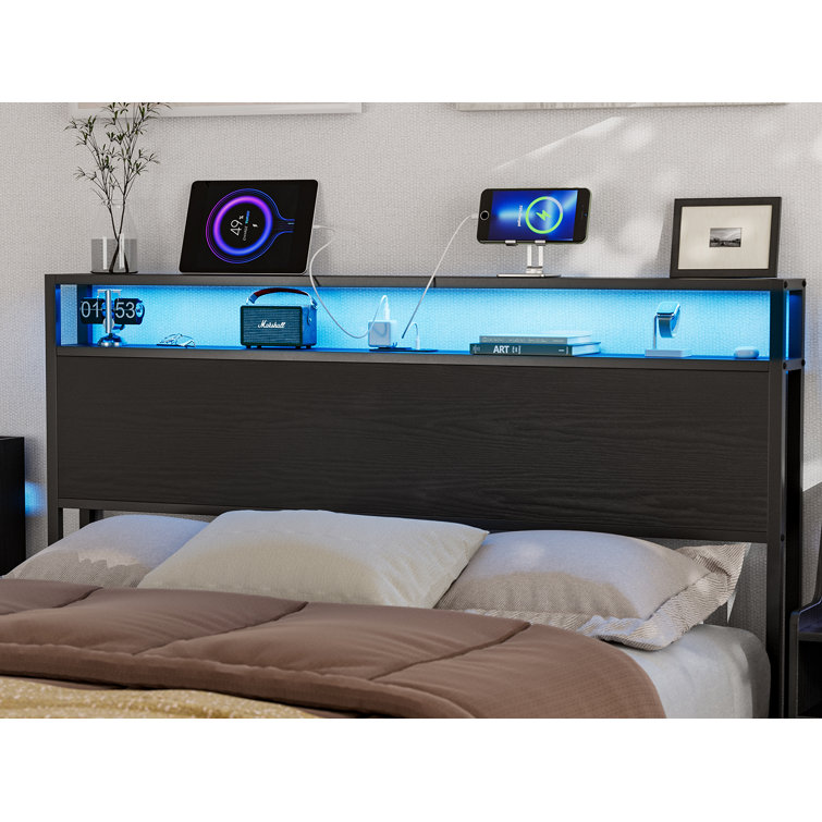 Kaiwei Storage Headboard With Led Lights & Charging Station - Industrial Metal And Wood