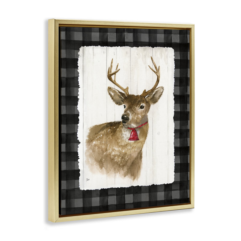 Cerf avec cloche rouge, art giclée par Nan, H 17 po x l 21 po, Cadre flottant métallique doré