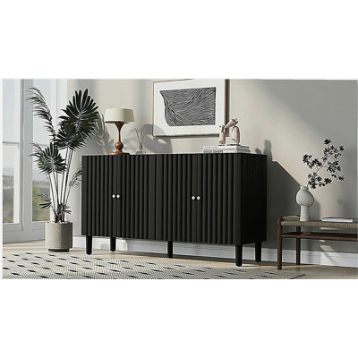 Elegant U-style four-door sideboard with wavy door, cylindrical legs, smooth metal handle, adjustable, suitable for study room, entrance, and living room