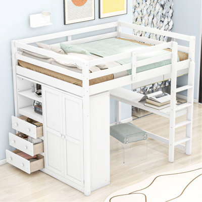 Lit mezzanine double en bois avec garde-robe intégrée, bureau, tablettes et tiroirs, blanc