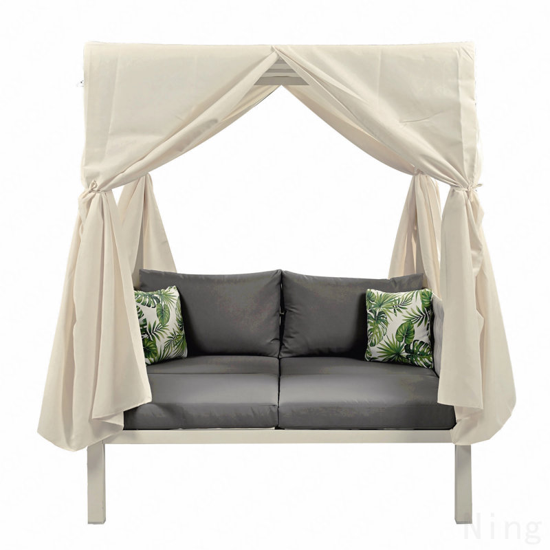 Outdoor Patio Sunbed With Curtains, High Comfort, Suitable For Multiple Scenarios, Gray/Beige