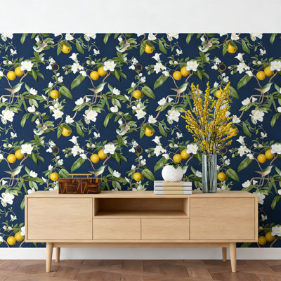 Vintage Botanical Peel And Stick Wallpaper - Dark Blue Floral With Birds And Fruits Pattern, Self-Adhesive Waterproof Vinyl For Walls, Furniture, And Home Decor