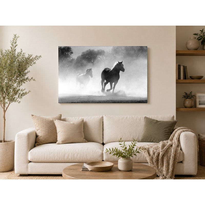 Wild Horses in Dust - Paysage, art mural sur toile, 14" W x 11" H