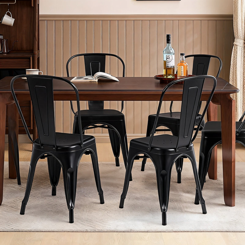 Metal Stackable Dining Chairs, 4-Pack, (Black), Black