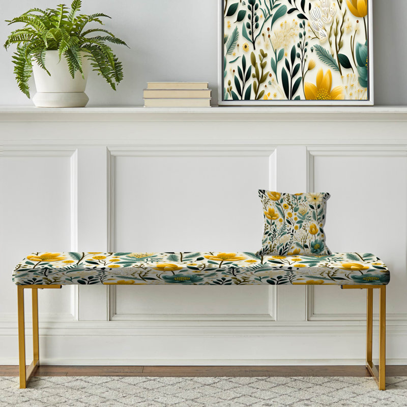 Floral Upholstered Gold Bench, Boho Botanicals Boho Greens
