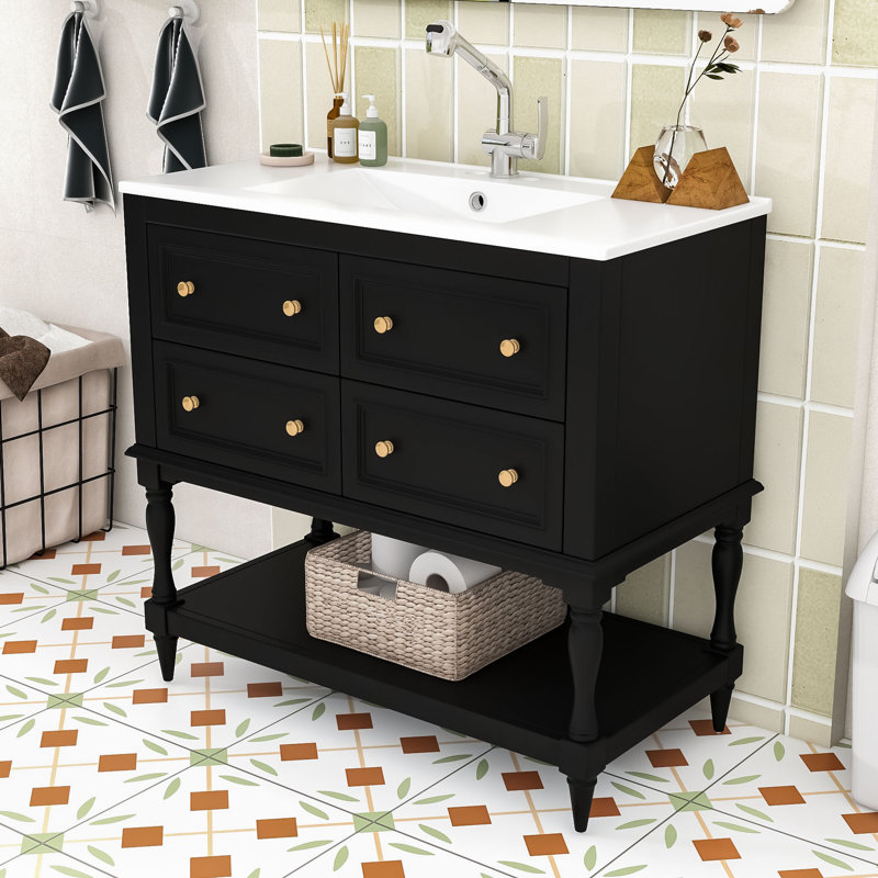 Chiharu Elegant 36-Inch Wood Bathroom Vanity Set with Ceramic Sink and Spacious Storage, Black