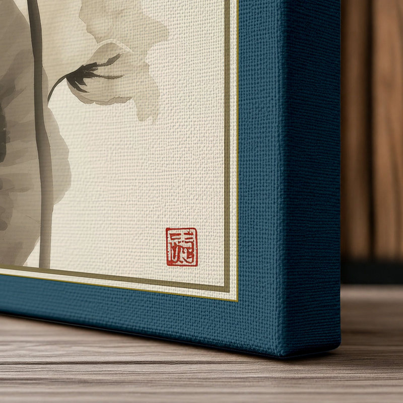 Lotus in Bloom Japandi - Wrapped Canvas, 30x20 - 76.2 x 50.8 cm, Teal Border