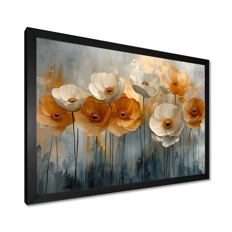 Lueur dorée de fleurs de renoncule champ I - Renoncule, art mural, H 12 po x l 20 po, Cadre simple noir