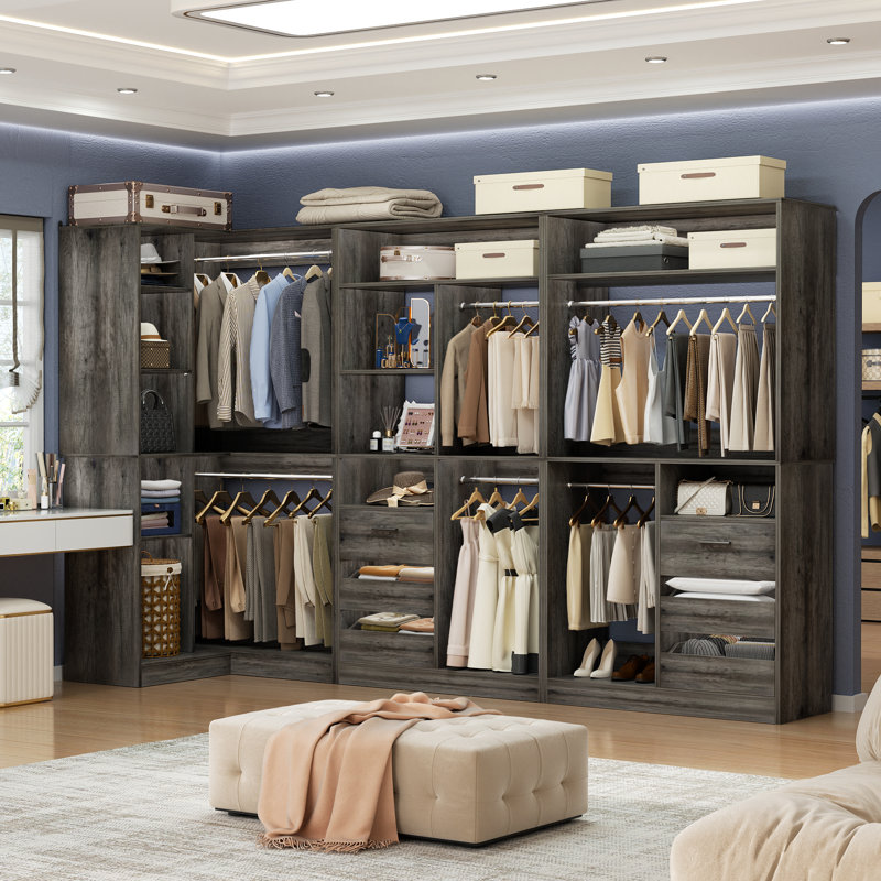 72"-108"Closet System With Drawers And Rods, Gray