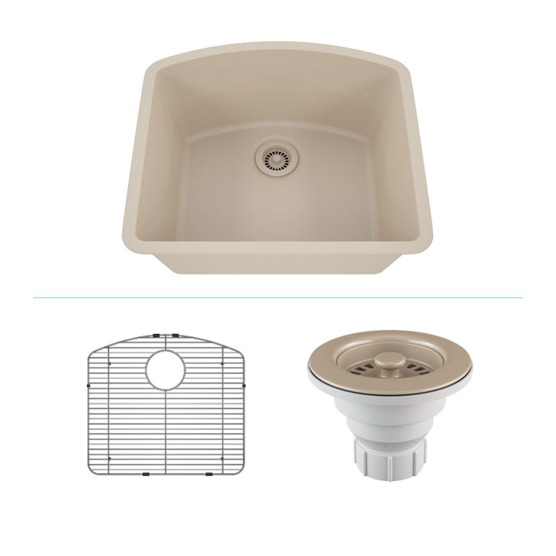 23" x 21" Quartz Kitchen Sink, D Shape Single Bowl Sink, Drop-in Sink, Undermount Sink, Granite Kitchen Sink, with Steel Grids and Basket Strainer