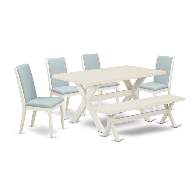 6 Piece Modern Dining Table Set Contains a Rectangular Wooden Table and 4 Baby Blue Linen Fabric Upholstered Chairs with a Bench, Multi-Color