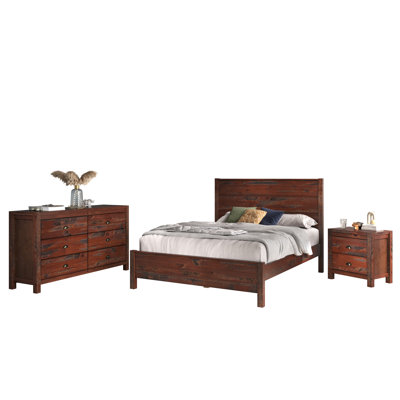 Hibir Farmhouse Set Of 3 Items For Bedroom, One Queen Bed, One Double Dresser  And One Nightstand Solid Wood Rustic Style