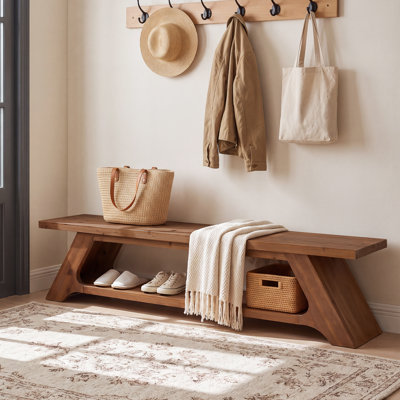 71" Solid Wood Entryway Bench, Farmhouse Long Narrow Bench with Shoe Storage, Rustic Brown