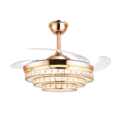 47" Invisible 3-Circle Crystal Ceiling Fan with Light Remote 4 Retractable Blades Reversible Ceiling Fan for Dining Room Bedroom Fan with Chandelier Indoor Light Kit