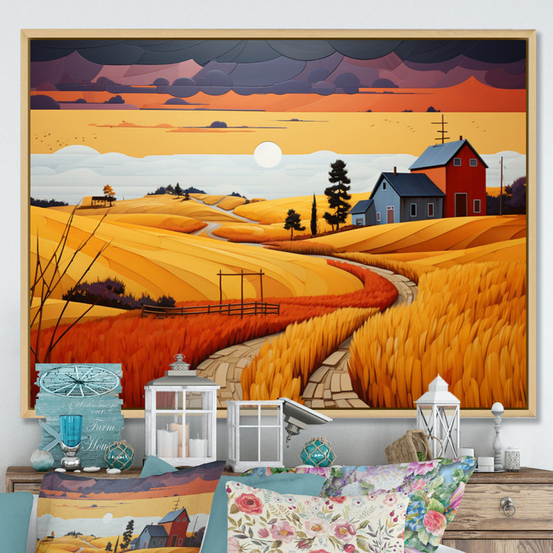 «Bentlea Yellow Barn Minimalsim Landscape II», reproduction sur toile, Cadre naturel flottant, H 16 po x l 32 po x P 1 po