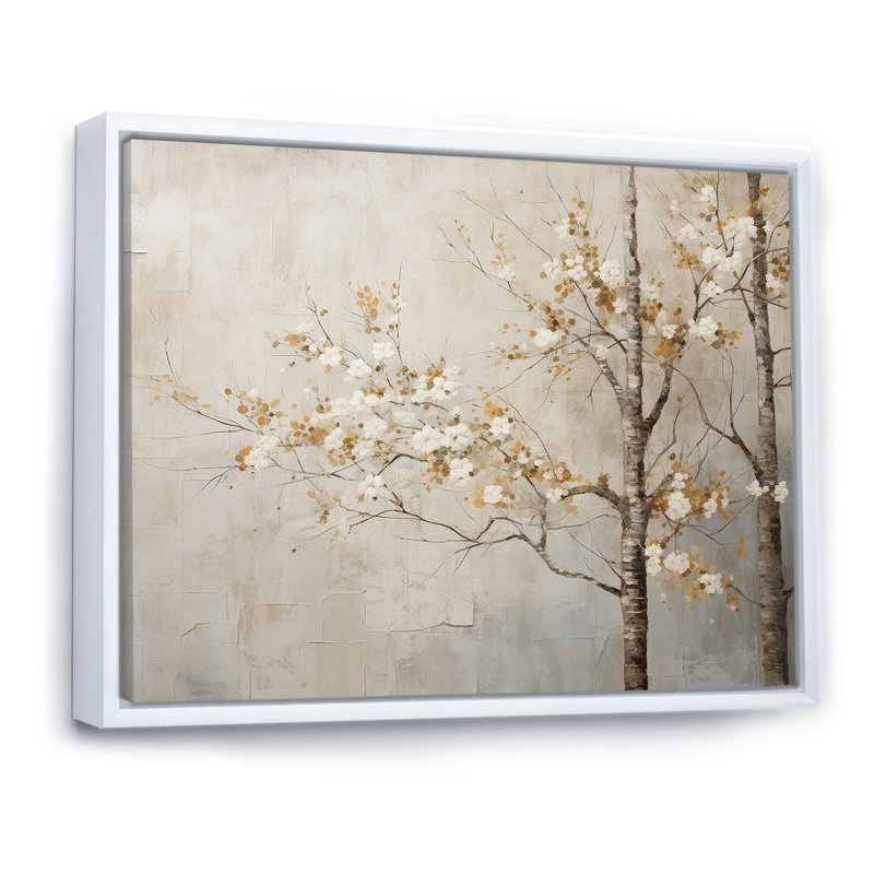 Harmonisation des arbres beiges III sur toile, H 34 po x l 44 po x P 1,5 po, Cadre flottant blanc