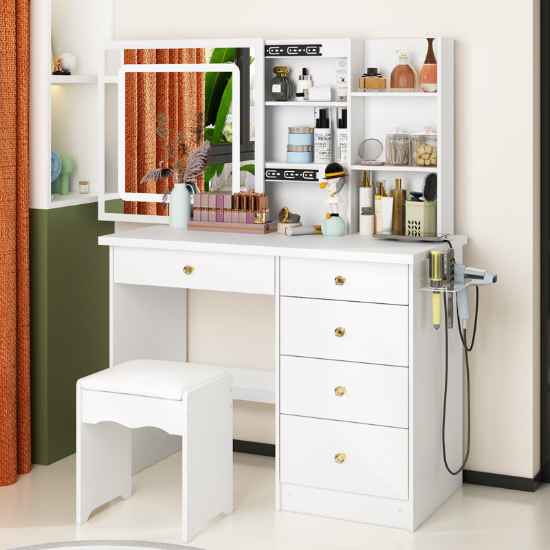 Aneirin 39.4'' Wide Vanity Set With Socket & Sliding Mirror, White