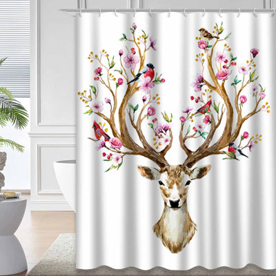 Rideau de douche aquarelle cerf fleurs et oiseaux avec 12 crochets