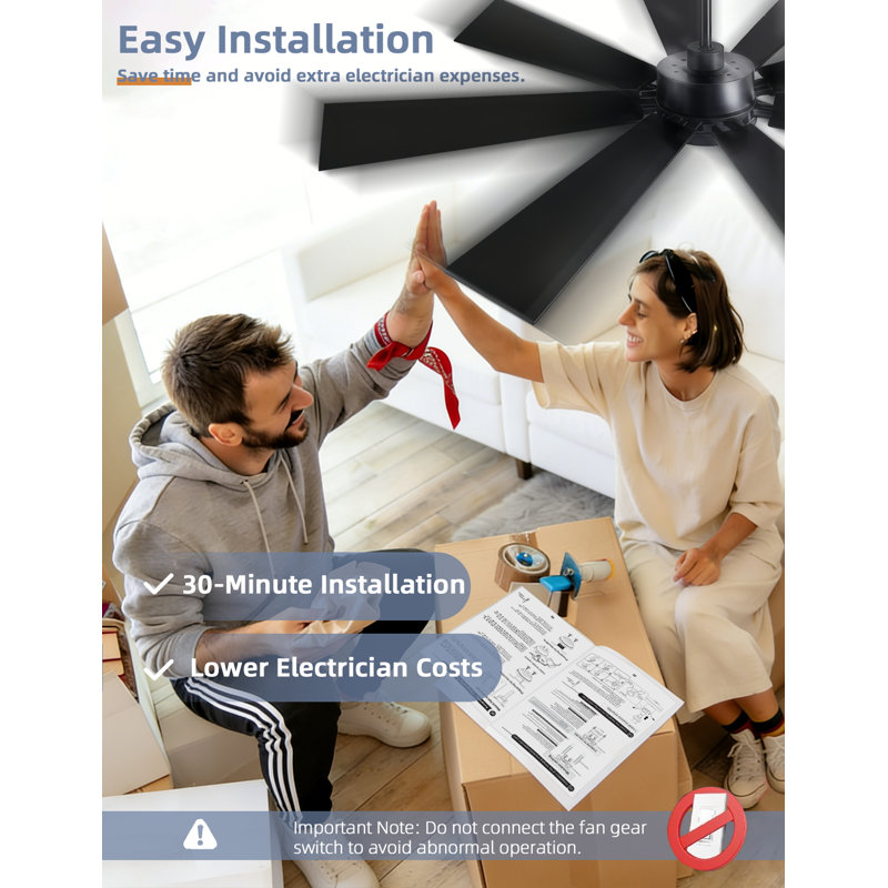 72 In. Standard Ceiling Fan With Light And Remote Control, 3-Color Led Light, Reversible Dc Motor, Black, Black