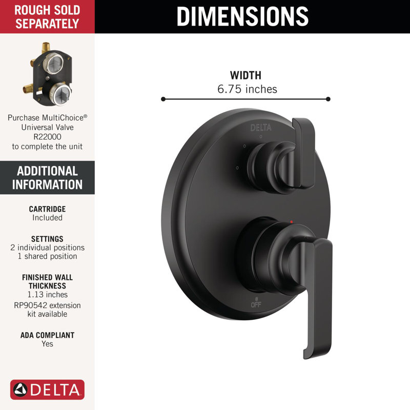 Tetra 14 Series 3-Setting Integrated Diverter Valve Trim Kit, Shower Faucet Diverter Kit, Matte Black