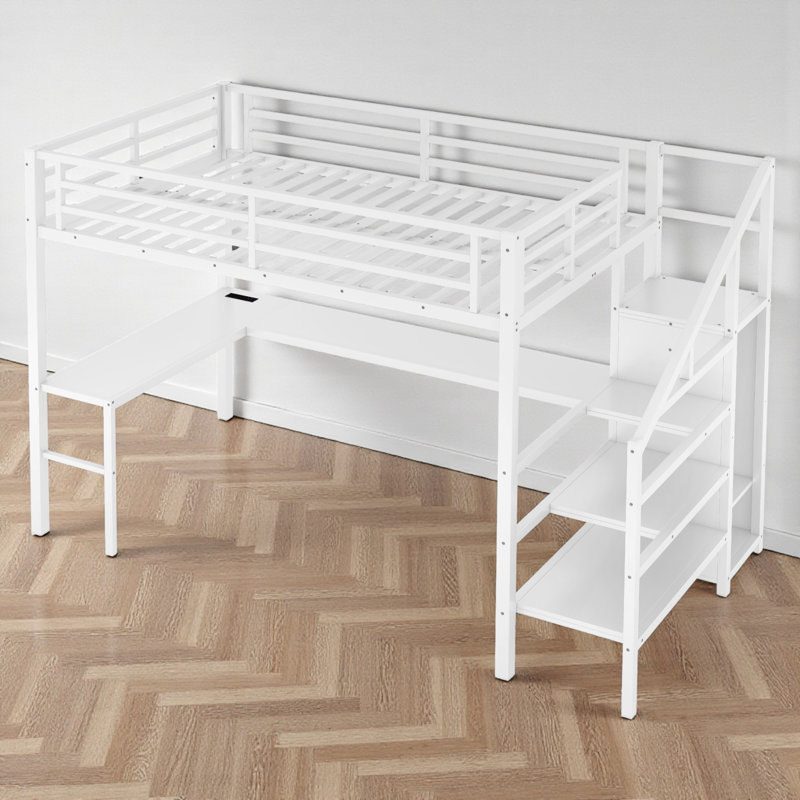 Metal Loft Bed With Built-In-Desk And Charging Station, White, Full