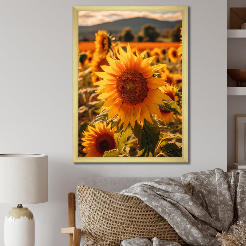 Tournesol doré au coucher du soleil I, H 20 po x l 12 po x P 1 po, Encadrement doré