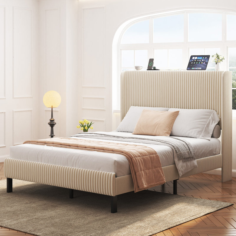 Full Size Platform Bed , Metal Bed Frame with USB Charging Headboard, No Box Spring Needed, Noise-Free, Easy Assembly, Beige