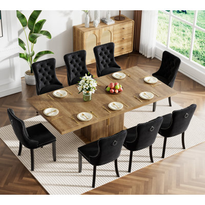 62.99" -78.74" Extendable Dining Table Set, Brown Dining Room Table with Storage & Velvet Dining Chairs with Wood Leg, Rustic Kitchen Dining Table and Chairs Set, Modern Dining Table Set