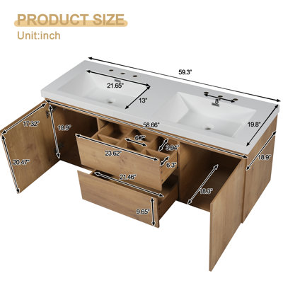 Meuble-lavabo double avec comptoir en SMC, armoire en panneau de fibres à densité moyenne, portes à fermeture en douceur, tiroirs divisés, meuble-lavabo mural moderne