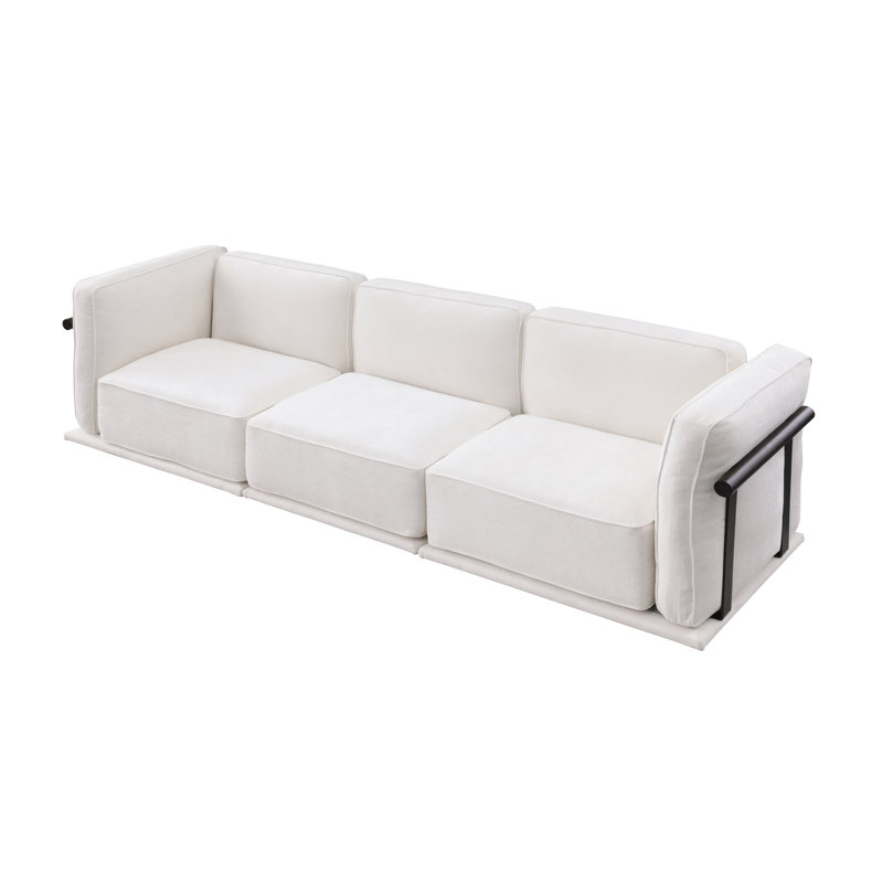 3-seat Modular  Sofa In Textured Chenille With Decorative Wood-metal Armrests And Multi-functional Ottoman, White Chenille