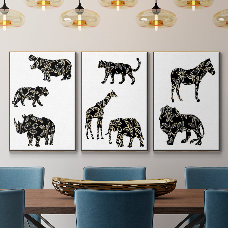 Ornementaux animaux de safari I, reproduction sur toile 3 pièces, Cadre en bois naturel, H 36 po x l 72 po x P 2 po
