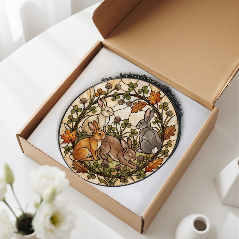 Rabbit Wreath Stained Glass Window Panel，7.8H, 7.8"H
