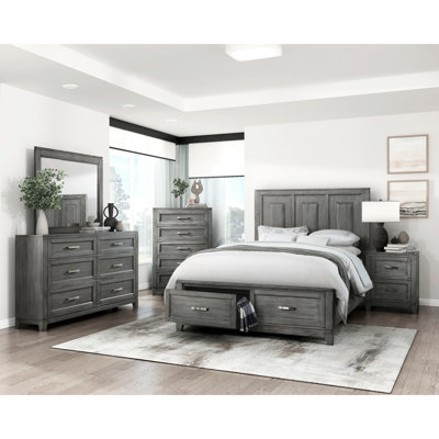 Lit plateforme rustique avec espace de rangement gris et spacieux pour grand lit