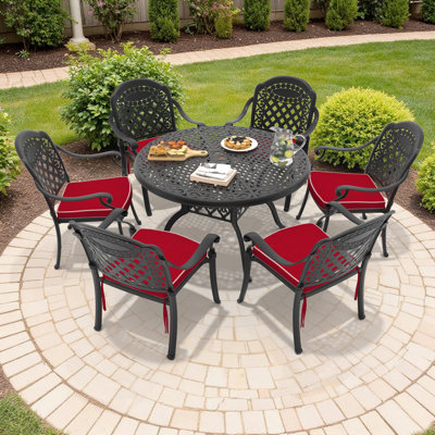 Haverville 48.03 -inch Round Table Cast Aluminum Outdoor Dining Set with Umbrella Hole and Red Cushions