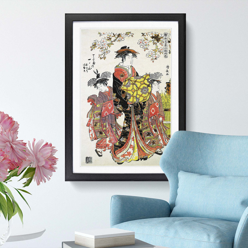 Lady with Two Kamuro by Torii Kiyonaga - Picture Frame Painting Print, 36cm H x 27cm W x 2cm D, Black Framed