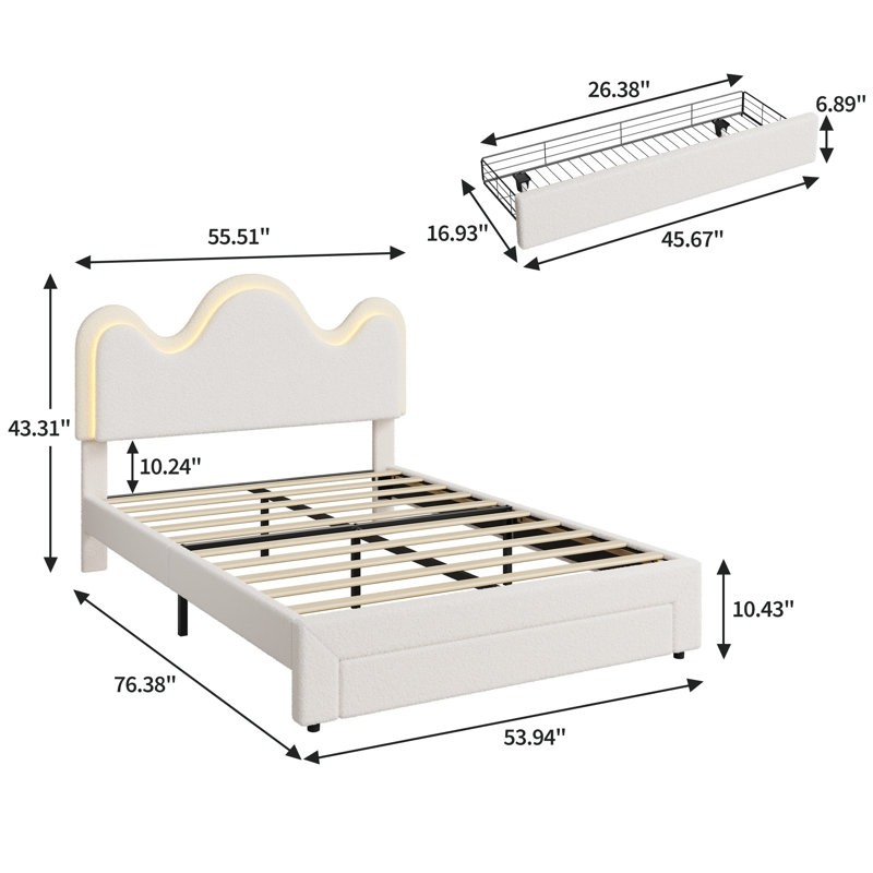 Structure de lit DEL avec tête de lit ondulée réglable et tiroir de rangement, lit plateforme tapissier pour enfants Princess